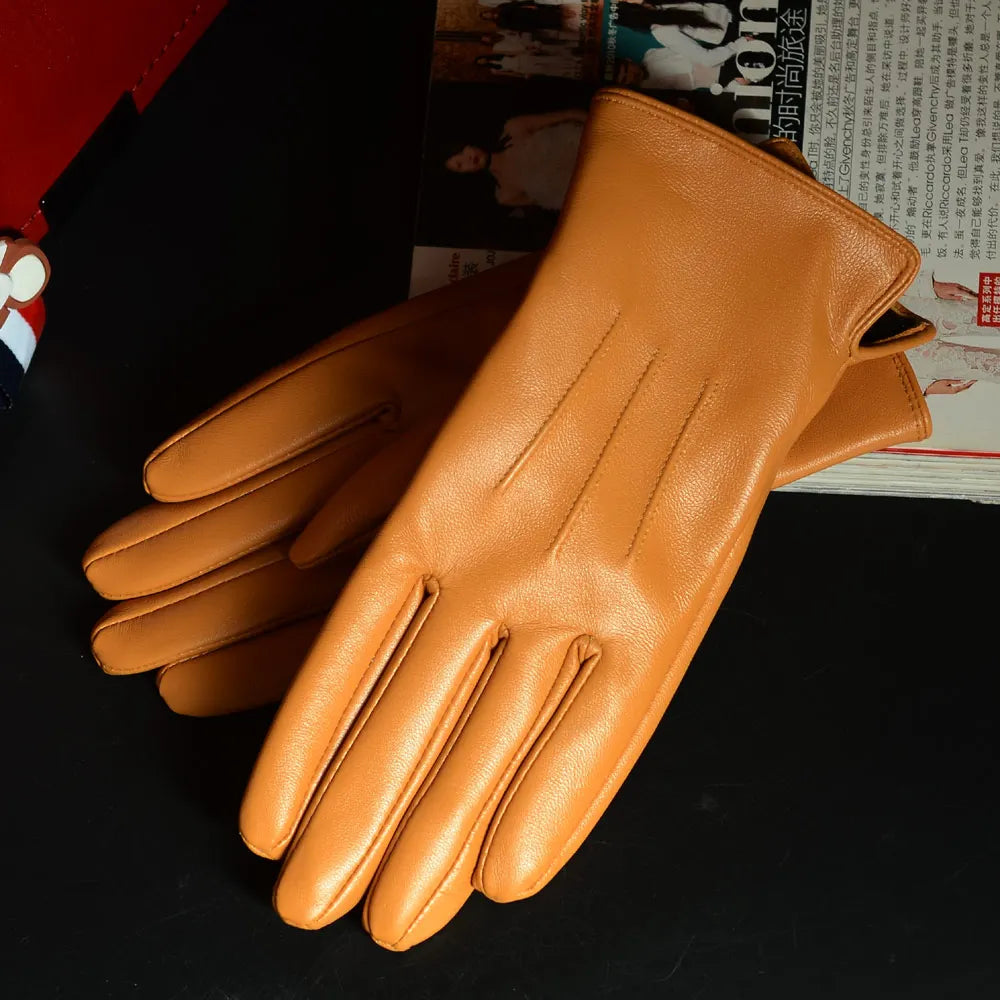 Women's Sheepskin Leather Winter Gloves with Thick Lining