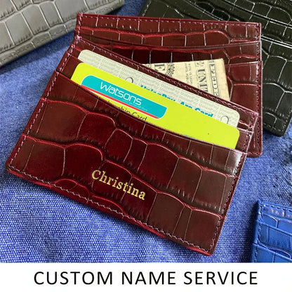 Personalized Leather Card Holder Wallet – Croc-Embossed, Custom Monogram