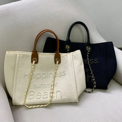 Large Canvas Tote Bag with Chain Strap & Leather Handles for Women