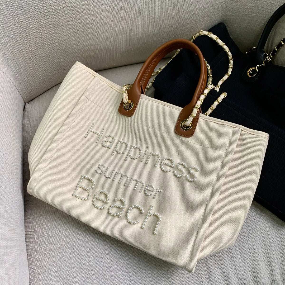Large Canvas Tote Bag with Chain Strap & Leather Handles for Women