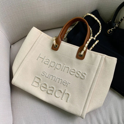 Large Canvas Tote Bag with Chain Strap & Leather Handles for Women
