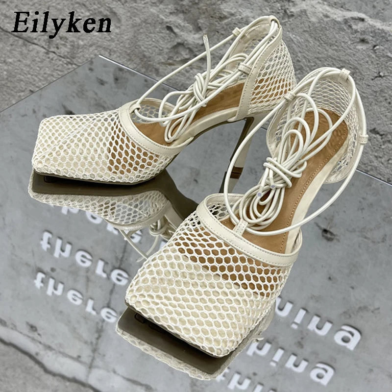 Eilyken Mesh Stiletto Sandals – Square Toe Lace-Up Heels for Women