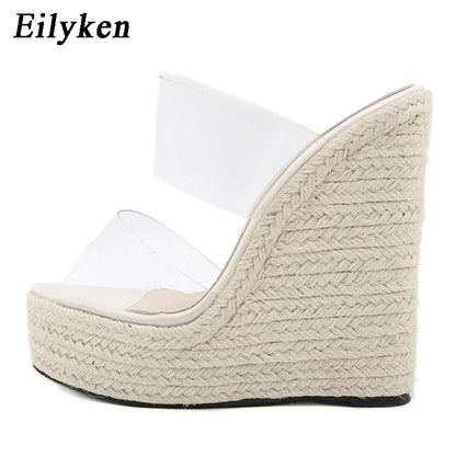 Women's Platform Wedge Sandals – Clear PVC Peep Toe Espadrille Slippers