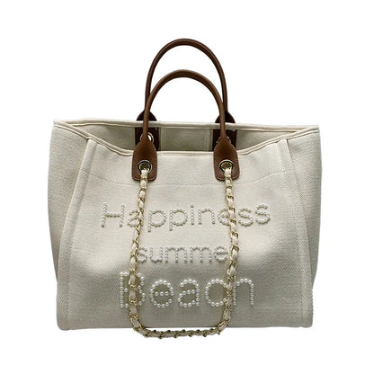 Large Canvas Tote Bag with Chain Strap & Leather Handles for Women