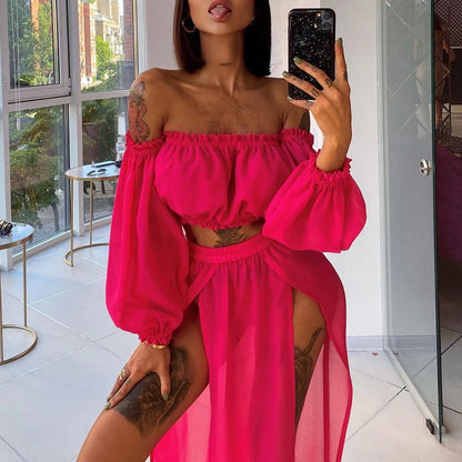 Women's Two-Piece Beach Cover-Up Set Off Shoulder Crop Top & Maxi Skirt