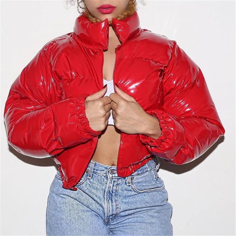 Shiny Cropped Puffer Jacket | Women's Zip-Up Bubble Coat
