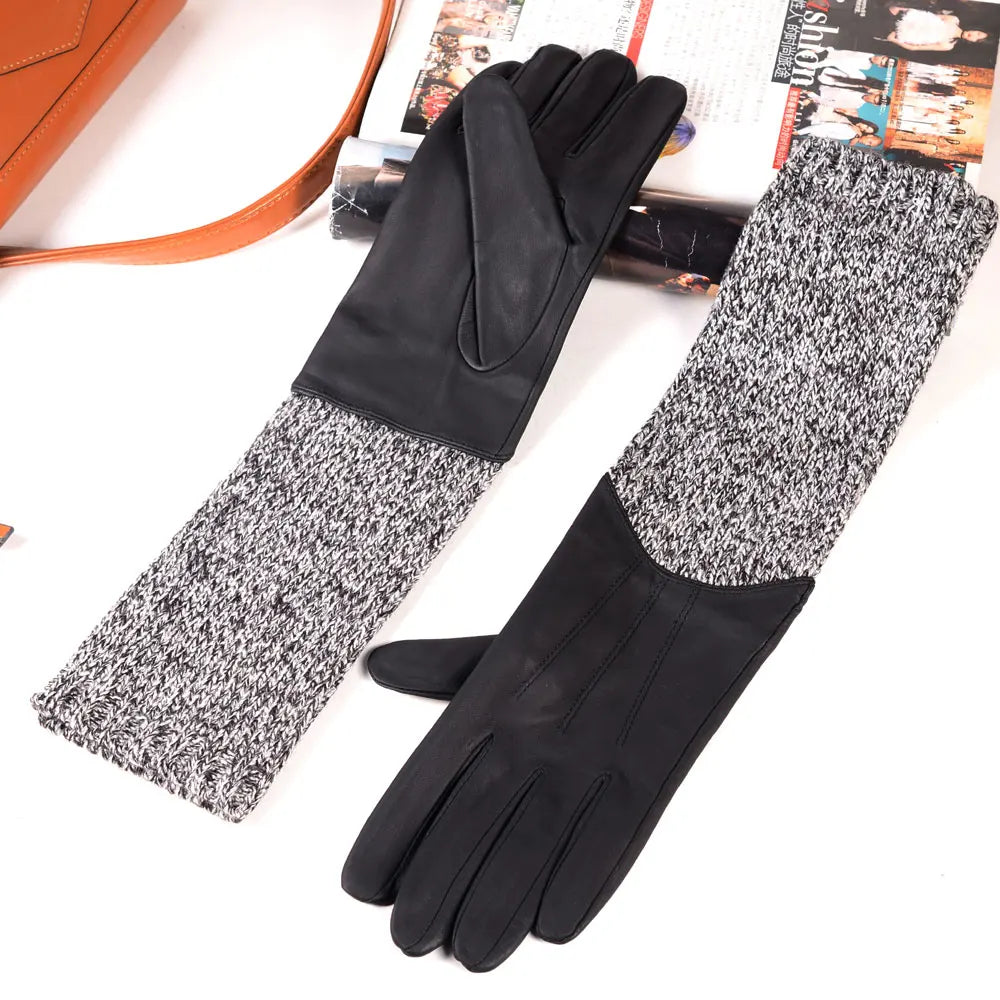 Leather & Knit Long Gloves Women – Mid-Length Opera Evening Gauntlet
