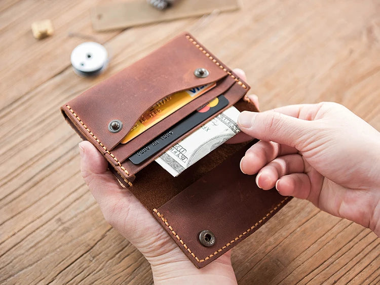 Handmade Crazy Horse Leather Card Holder Wallet with Engraving
