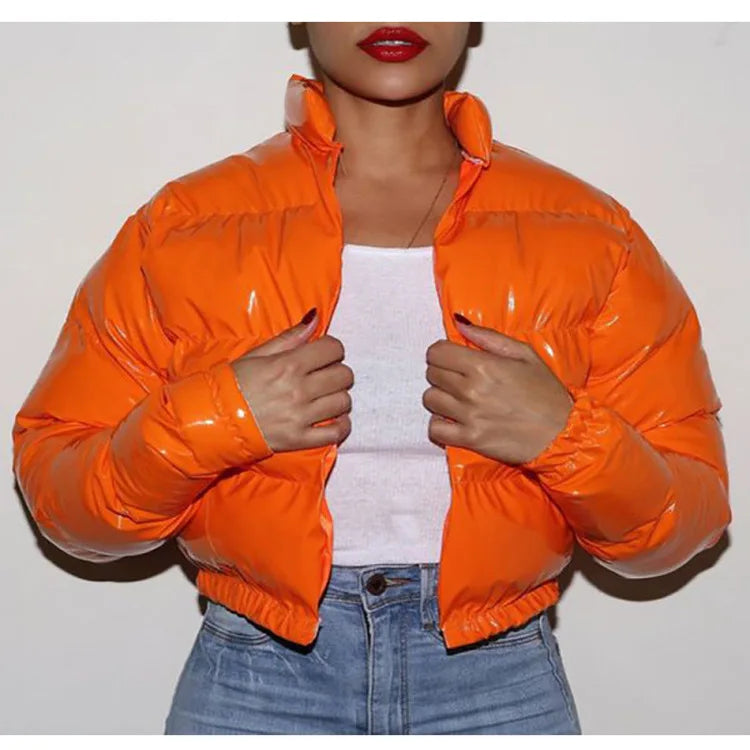 Shiny Cropped Puffer Jacket | Women's Zip-Up Bubble Coat