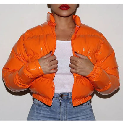 Shiny Cropped Puffer Jacket | Women's Zip-Up Bubble Coat