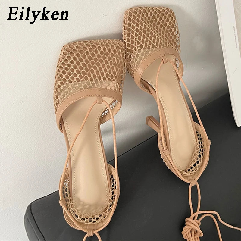 Mesh Lace-Up Stiletto Pumps – Square Toe Hollow Heels