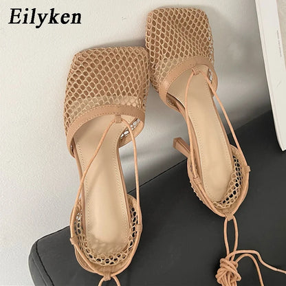 Mesh Lace-Up Stiletto Pumps – Square Toe Hollow Heels
