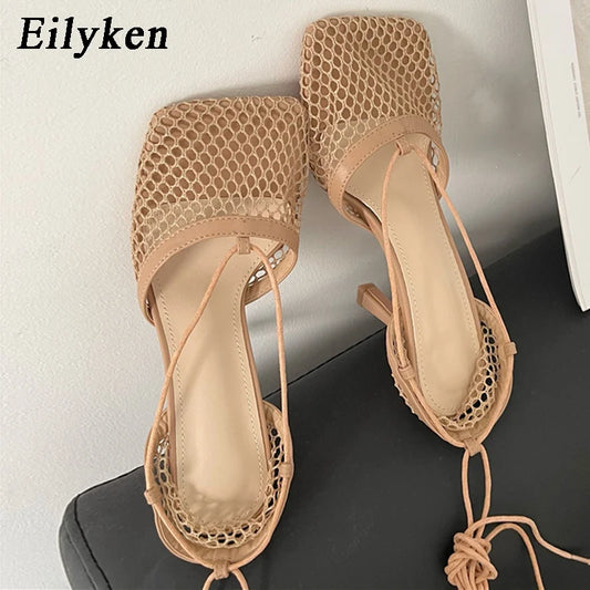Mesh Lace-Up Stiletto Pumps – Square Toe Hollow Heels