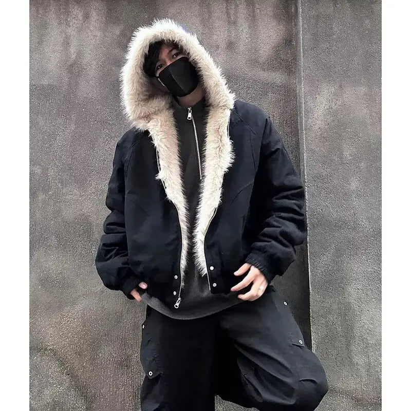 Oversized Lamb Fleece Winter Jacket with Fur Collar Hood