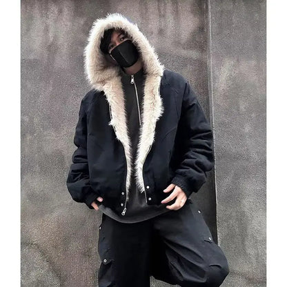 Oversized Lamb Fleece Winter Jacket with Fur Collar Hood