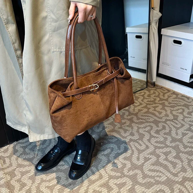 Nubuck Leather Shoulder Tote Bag – Women's Y2K Handbag