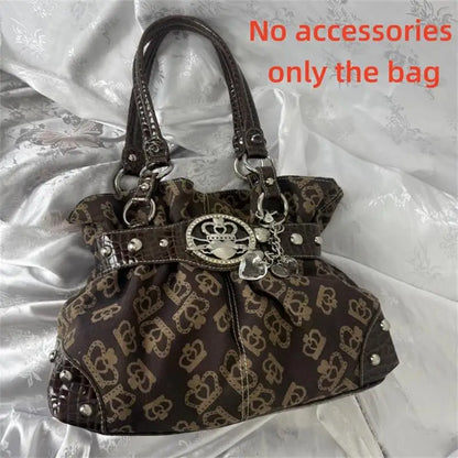 Vintage Y2k Print Shoulder Tote Bag Leather Splice Rivet