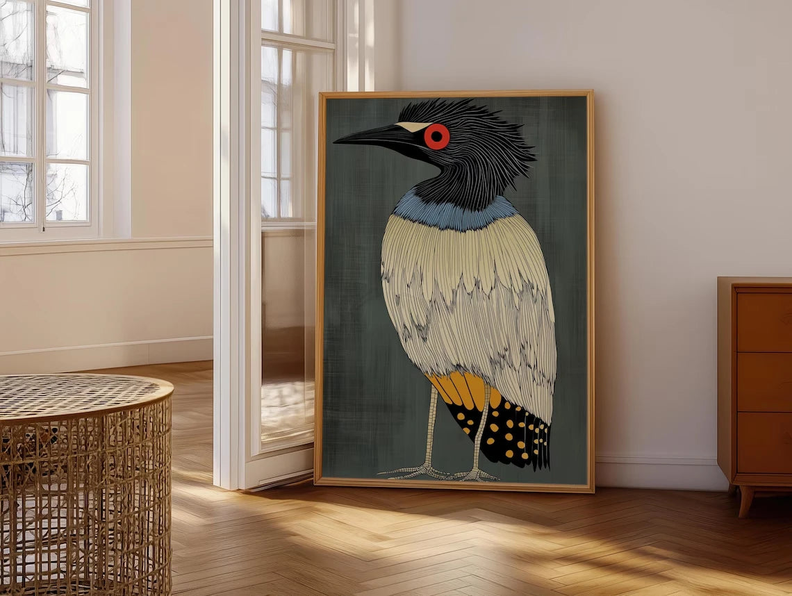 Retro Heron Wall Art Print – Abstract Bird Poster for Modern Home Decor