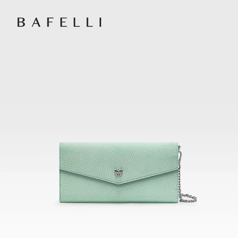 Leather Chain Wallet Bag – Long Envelope Clutch with Cat Clasp