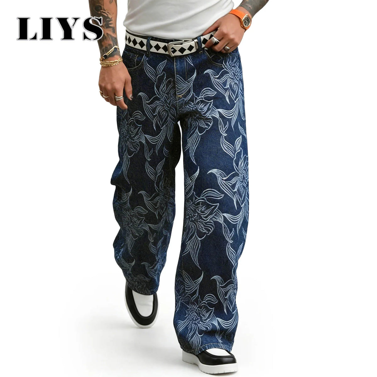 Men's Floral Print Loose Straight Jeans – Retro Streetwear