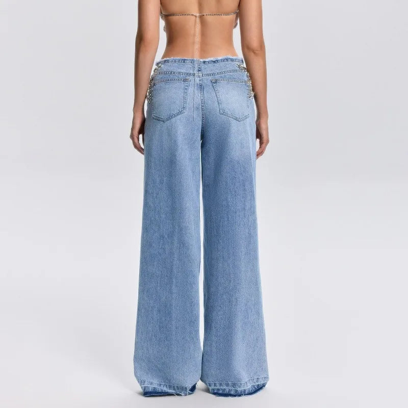 Y2K Rhinestone Hollow Out Wide Leg Jeans for Women