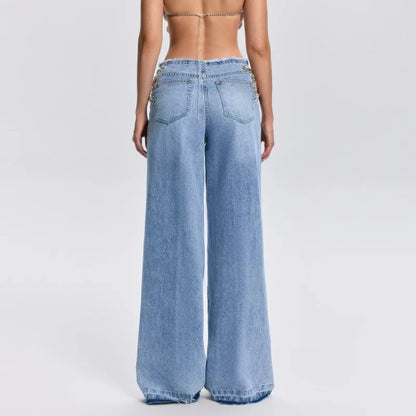 Y2K Rhinestone Hollow Out Wide Leg Jeans for Women