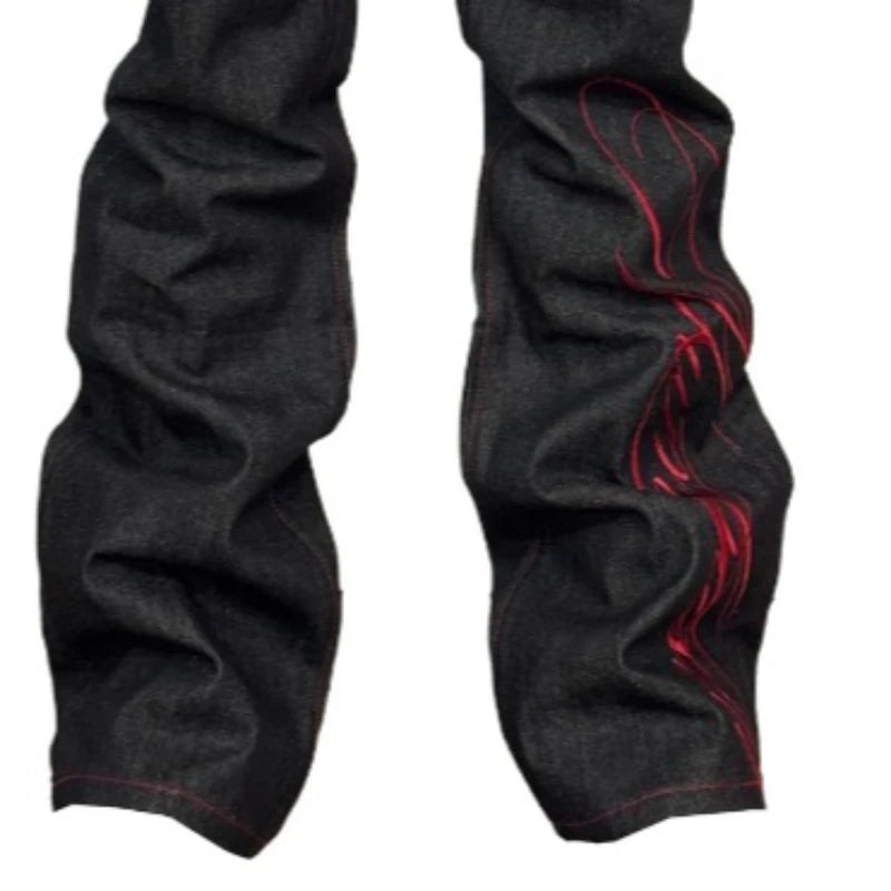 Mens Jeans Tattoo Letter Embroidery Black Red Denim Pants Harajuku Unisex Straight Leg Slight Flare