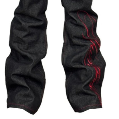 Mens Jeans Tattoo Letter Embroidery Black Red Denim Pants Harajuku Unisex Straight Leg Slight Flare