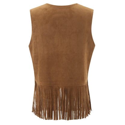 Fringe Faux Suede Vest – Women's Tassel Open-Front Western Jacket