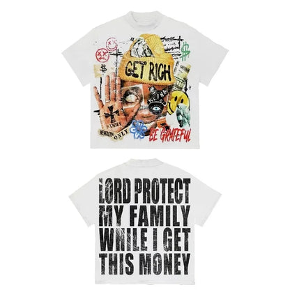 Men S Y2k Pattern T-Shirt Get Rich God Bless Your Family Slogan Street Style Short-Sleeved Shirt
