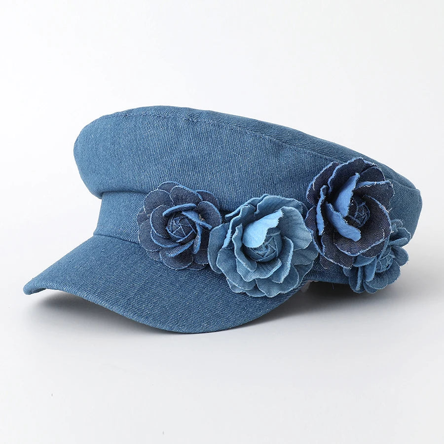 Women's Denim Military Cap with 3D Flower Detail