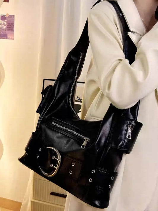 High Street Black Shoulder Bags Cool Hot Girls Leather Y2k
