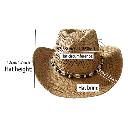 Straw Cowgirl Hat Bohemian Shell Bead Wide Brim Handmade Beach Sun Hat