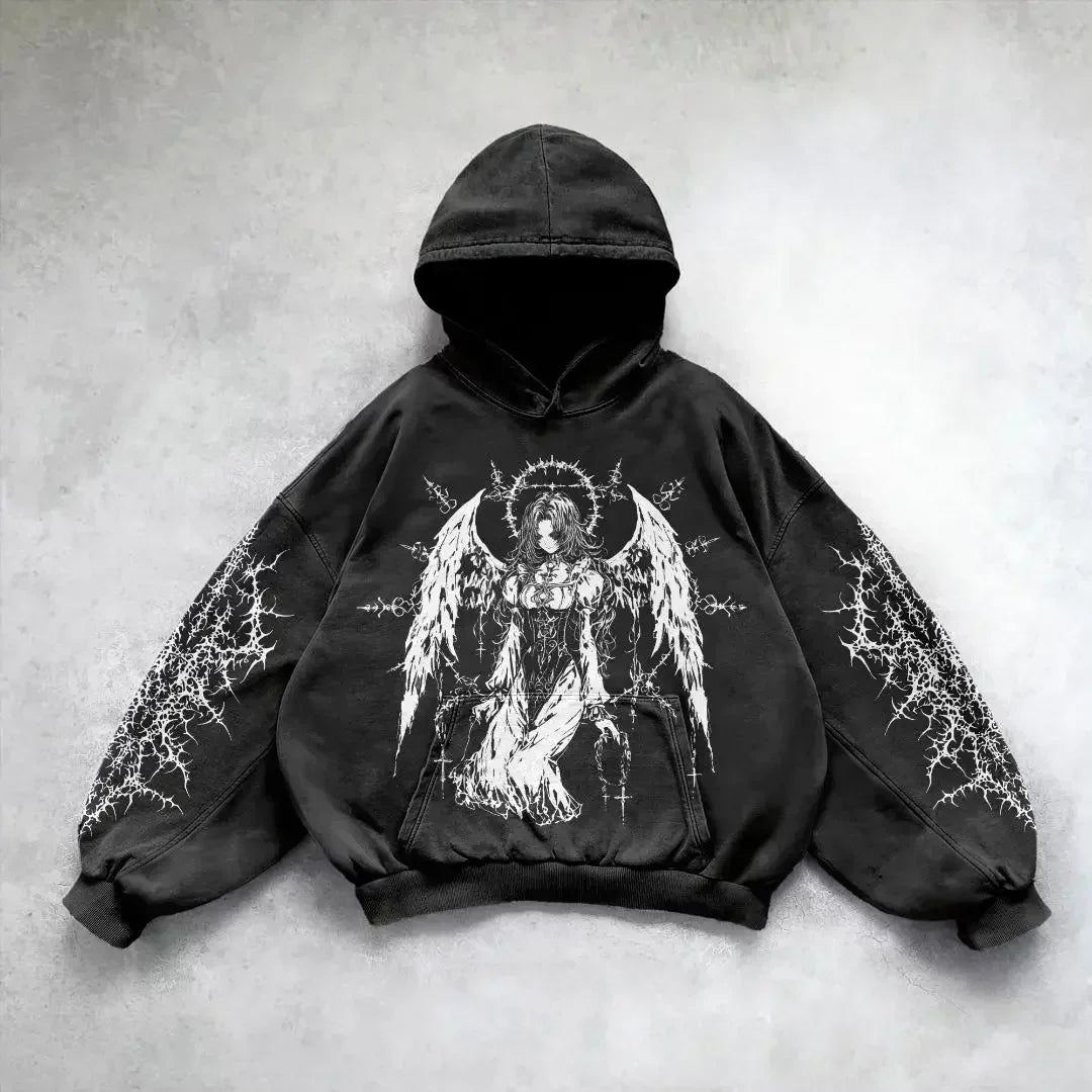 Oversized Goth Anime Hoodie – Y2K Angel Girl Graphic Print Streetwear
