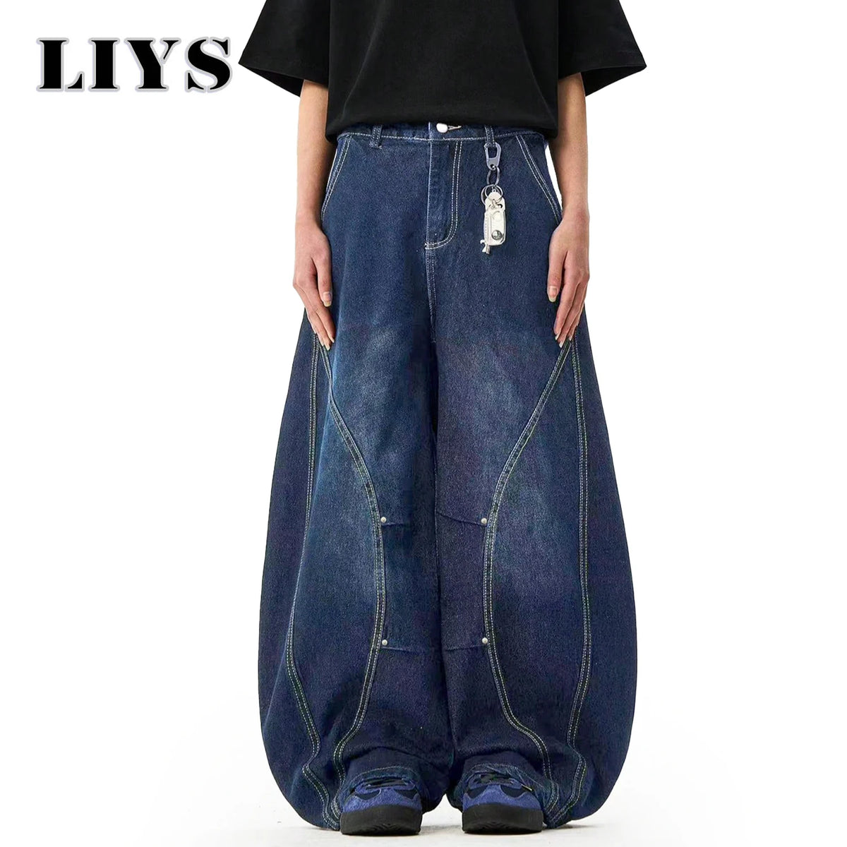 Men S American Retro Blue Loose Machete Wide Leg Jeans Unisex Baggy Straight Sickle Denim Pants
