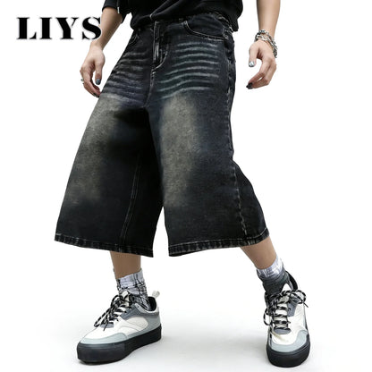 LIYS Baggy Wide Leg Denim Shorts for Men – Black Washed Streetwear