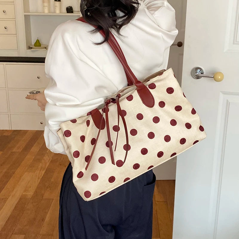 Polka Dot Canvas Tote Bag for Women – Large Shoulder Handbag