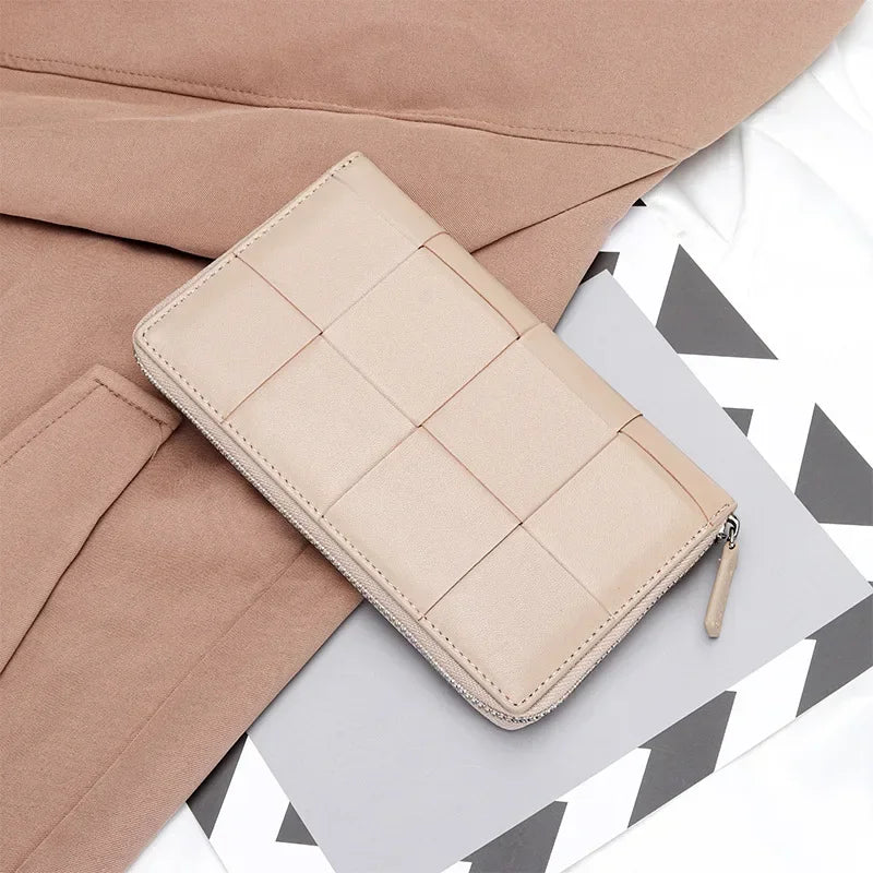 Genuine Leather Women's Long Wallet – Woven Zipper Clutch