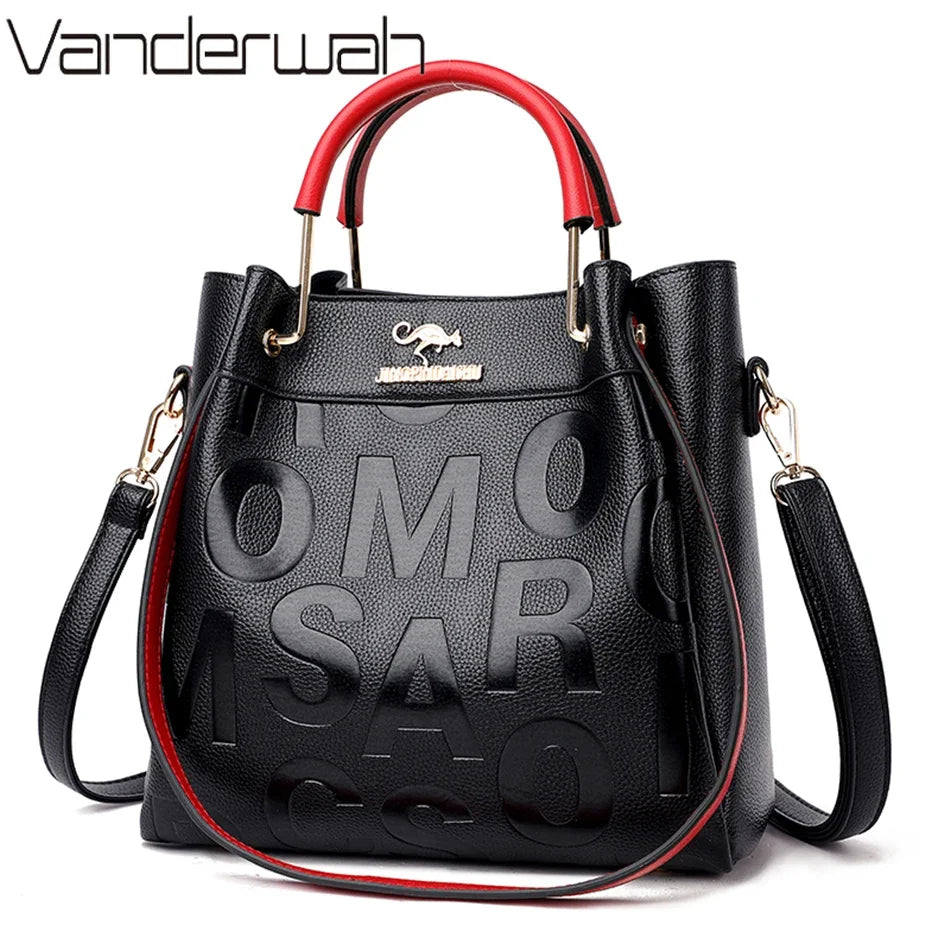 Designer Letter-Embossed Women's Handbag – 3-Layer PU Leather Tote
