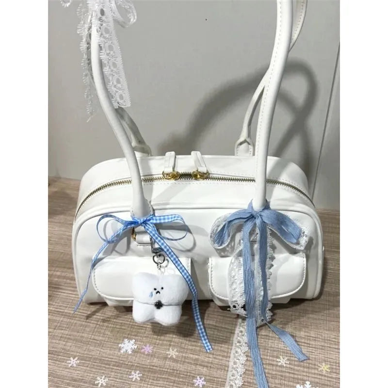 Retro White Bowling Bag Purse Women Hot Girls Leather Pocket