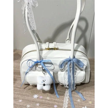 Retro White Bowling Bag Purse Women Hot Girls Leather Pocket