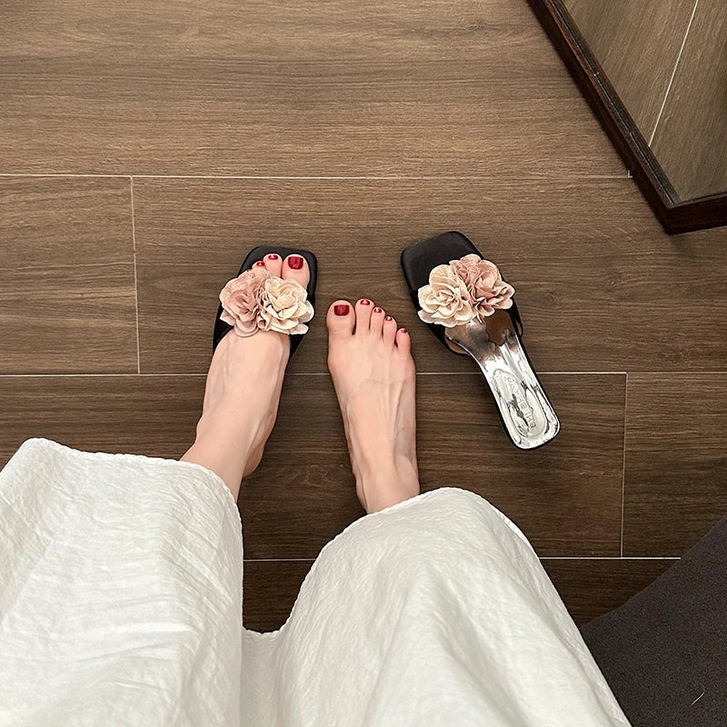 Floral Kitten Heel Slide Sandals – Women's Open Toe Mules