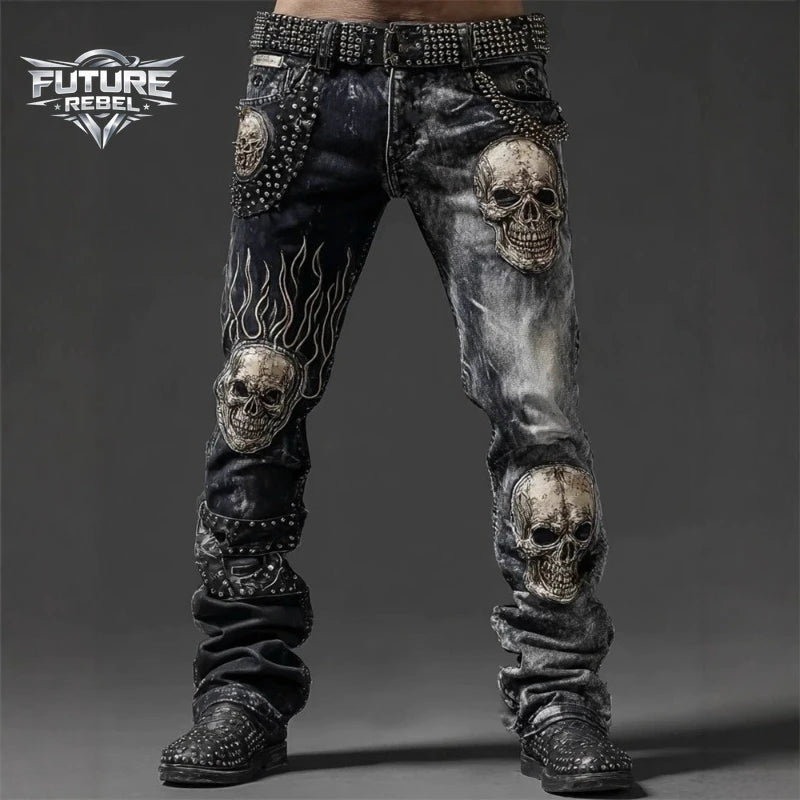Skull Print Gothic Biker Denim Jeans – Y2K Streetwear Punk Hip Hop Pants