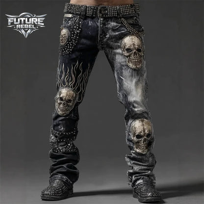 Skull Print Gothic Biker Denim Jeans – Y2K Streetwear Punk Hip Hop Pants