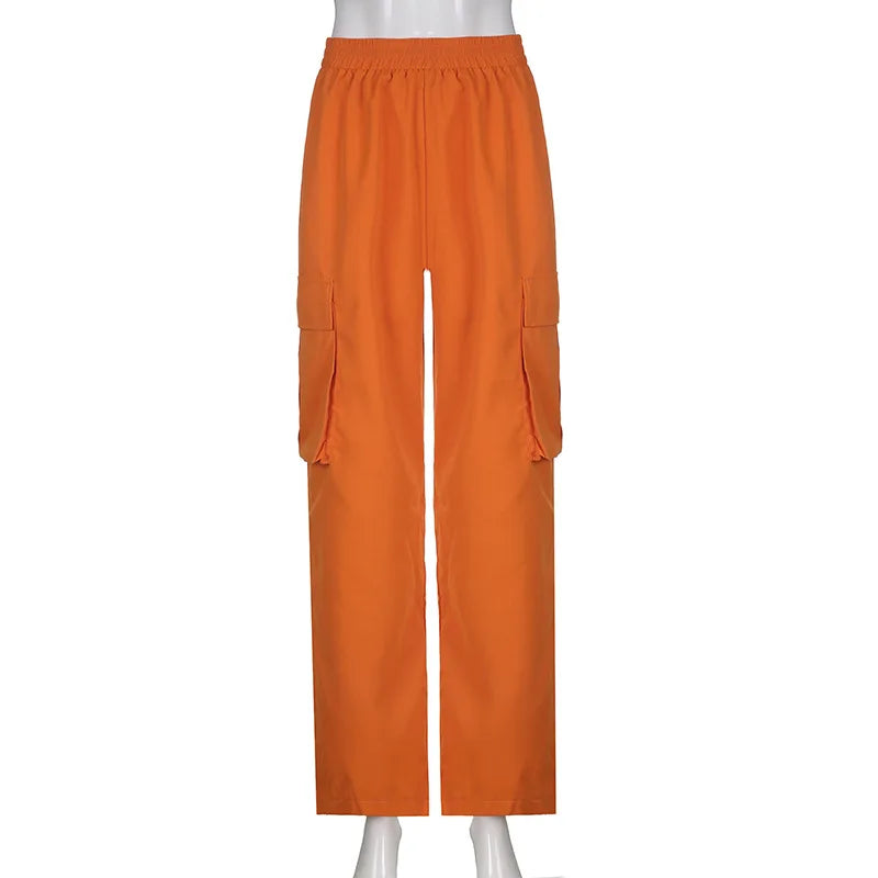 Women's Baggy Cargo Pants – Orange Straight-Leg Trousers