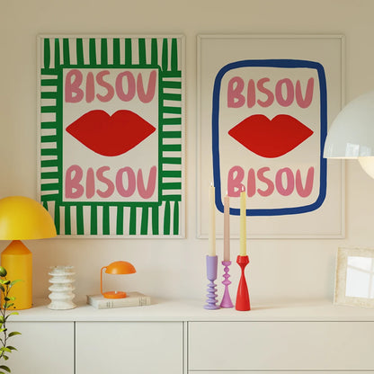 Bisou Bisou French Quote Wall Art Poster – Pink & Blue Maximalist Print