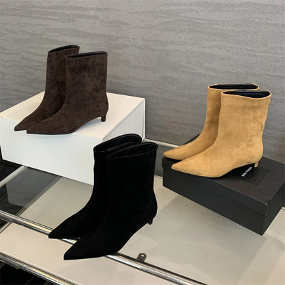 Women's Pointed Toe Ankle Boots – Vintage Low Heel Suede Booties