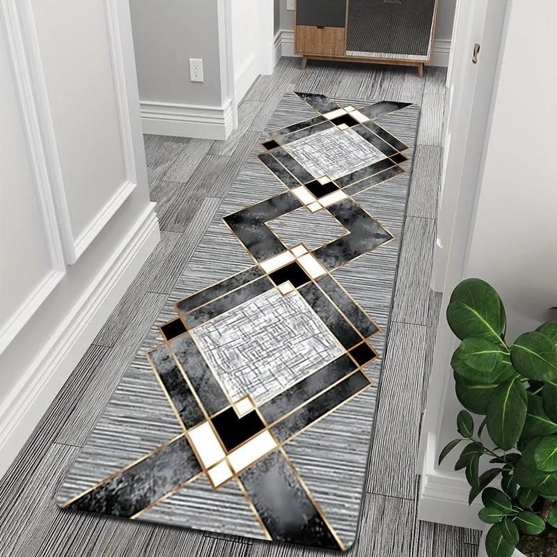 Vikama Non-Slip Luxury Geometric Runner Rug Soft Plush Long Area Rug Gold Lines Floor Mat Hallway