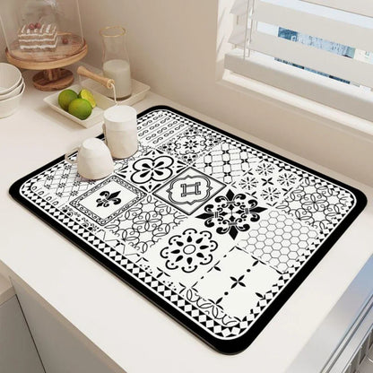 Dish Drying Mat – Boho Vintage Tile Absorbent Non-Slip Kitchen Mat