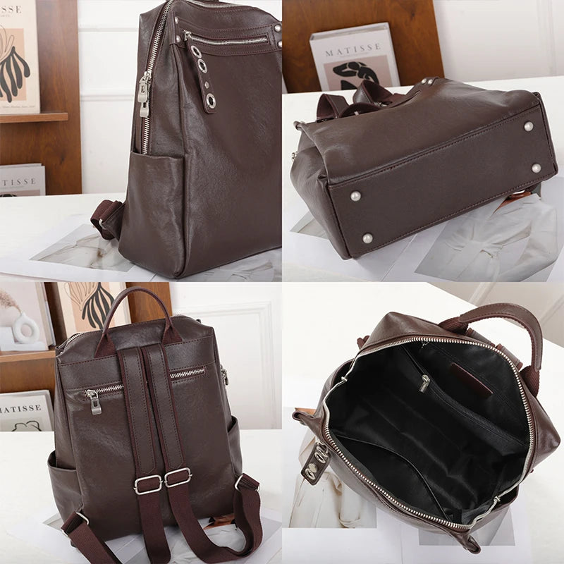 Genuine Cowhide Leather Backpack – Large Capacity Retro
